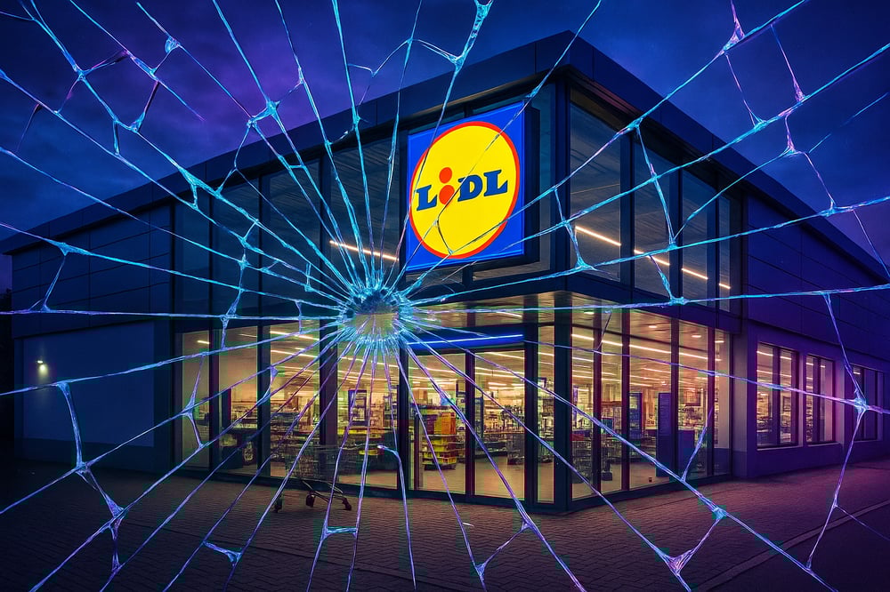 A Lidl store as seen through a broken pain of glass