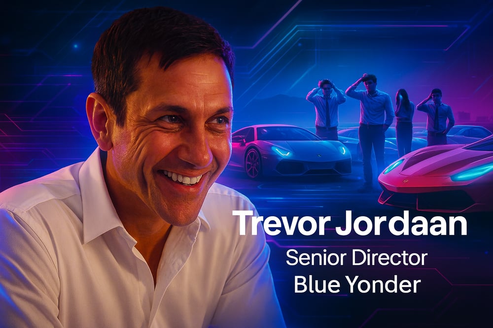 Trevor Jordaan from Blue Yonder with an image of people scratching their heads because they don't know how to drive the Ferraris, a metaphor he uses in the interview to explain 