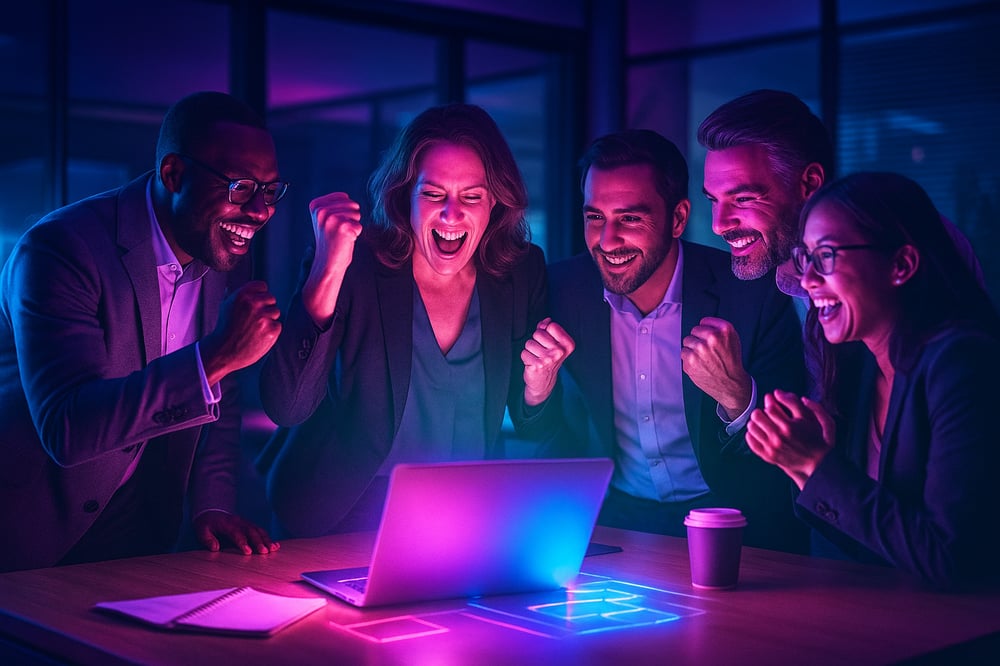A group of professionals in a neon-lit futuristic office celebrate together around a glowing holographic display, with blue, purple and pink highlights illuminating the scene and a city skyline visible through the windows.