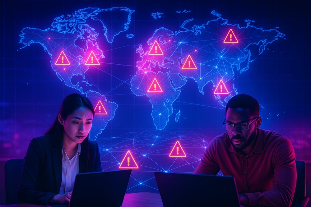 A man and a woman work intensely on computers in a neon-lit boardroom as warning indicators flash on a holographic supply chain map behind them, showing nodes in blue and red to show that a cyberattack is under way.