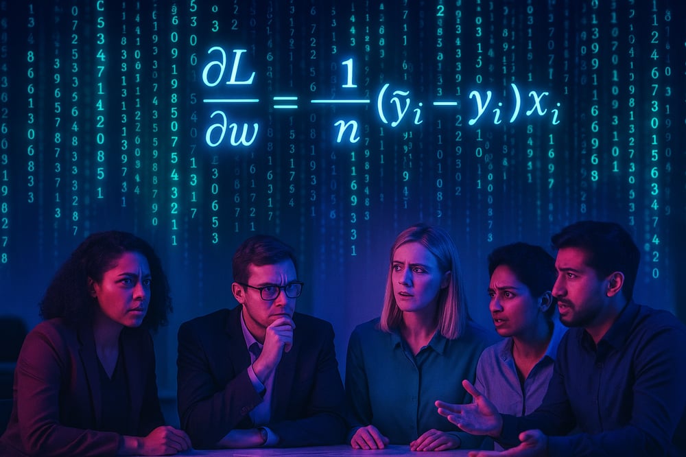 Neon blue and purple data streams fall like digital rain filled with mathematical formulas, while a diverse group of professionals sit at a table below, looking puzzled as they discuss the complex information.