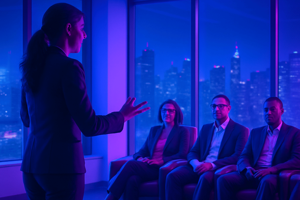 A woman stands animatedly presenting in a neon-lit corporate boardroom while a diverse panel of investors sit together in a single row of luxurious armchairs, with a futuristic city skyline glowing through the windows behind them.