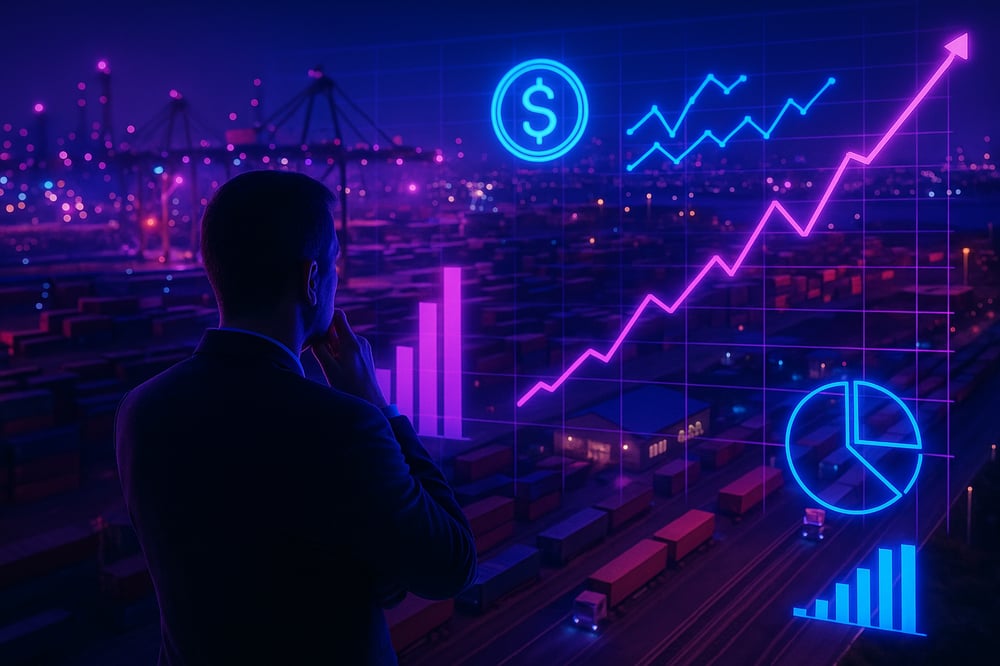 A man stands with his back to the viewer, hand on chin, observing glowing neon graphs and charts projected above a futuristic logistics hub of cranes, ships, and trucks.