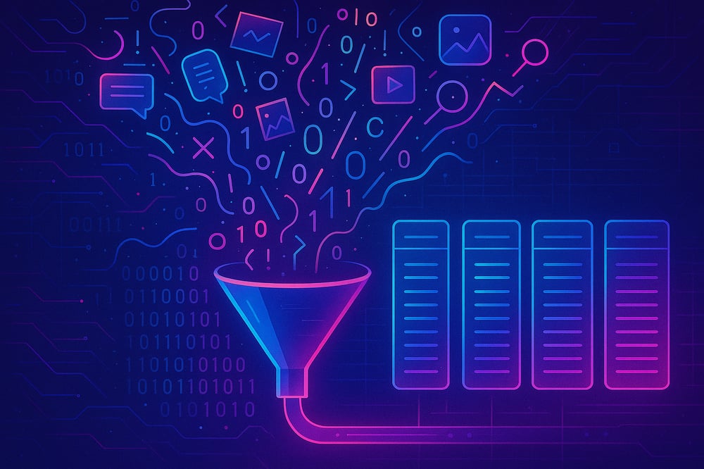 A futuristic neon illustration showing chaotic digital data streams flowing into a glowing funnel that filters and organizes them into clear, structured columns.