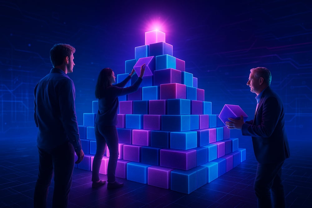 A group of people building a digital pyramid with blocks to represent composable and modular approaches