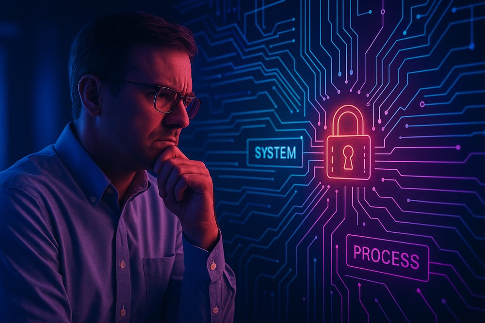 A middle-aged man in glasses looks thoughtfully at a glowing neon padlock icon surrounded by circuit-like lines, with the words “System” and “Process” connected, symbolising rigid architectures blocking innovation.